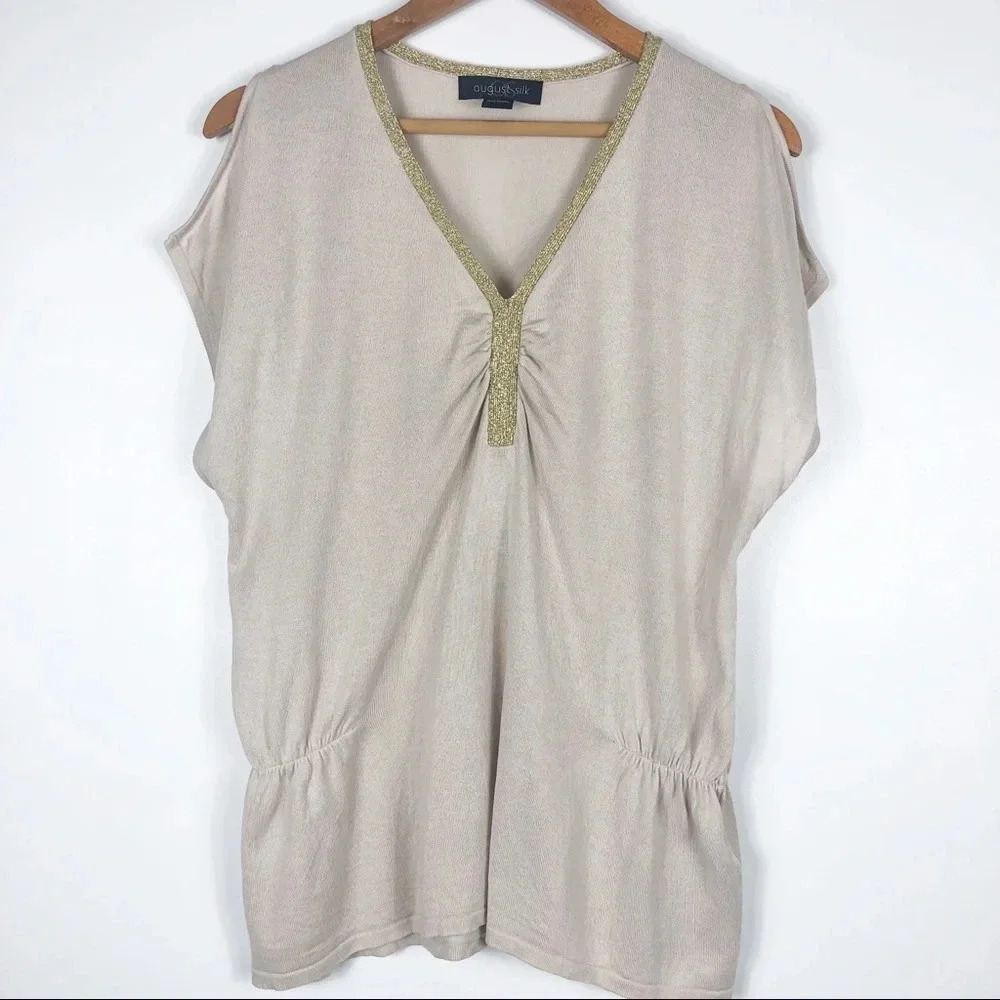 🍁 August Silk Tan Gold Cold Shoulder Dolman Top